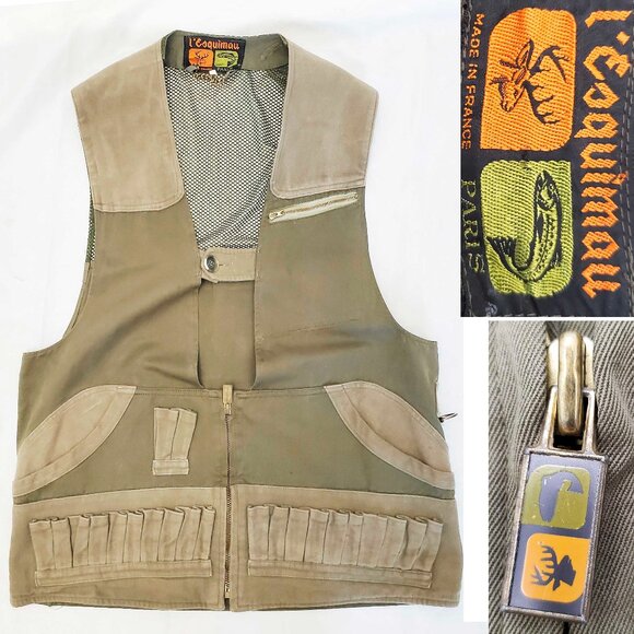 L'ESQUIMAU INTERNATIONAL Paris Mens Army Green Vintage Hunting Fishing Vest 50